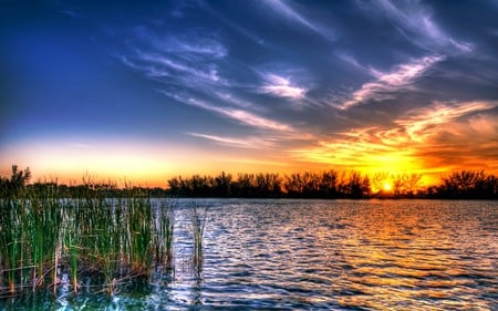 So Beautiful... - amazing, splendor, great, grass, sunrise, reflection, view, lake, sky, clouds, sunlight, trees, water, beautiful, sunshine, beauty, colors, lovely, colorful, nature, sunset, rays, peaceful