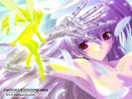 Komatsu Eiji - anime, komatsu eiji, girl, blush, long hair, red eyes, fairy, cute, feathers, purple hair, sexy