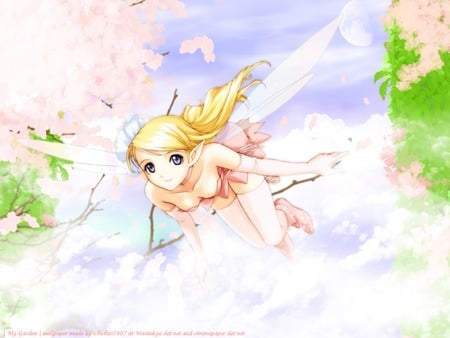 Taka Tony - sexy, girl, blue eyes, taka tony, wings, long hair, sakura blossoms, blonde hair, arcana, anime, fairy, cute