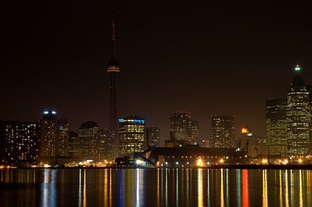 Toronto at night - water, buildings, bank, skyline, toronto, lighting, city, architecture, canada, colourful