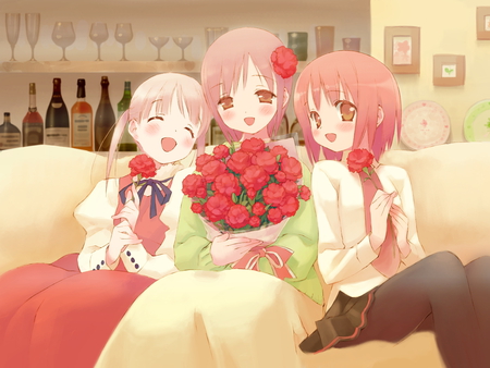 Three Happy Girls - girls, roses, pink, anime, flowers, dress