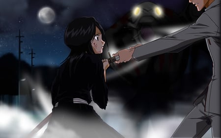 Bleach - clouds, moon, anime, female, fog, sword, night, dark, street, bleach, weapon