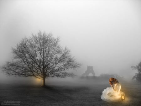 How Long Must I Wait - woman, glow, morning, tree, lamp, mist