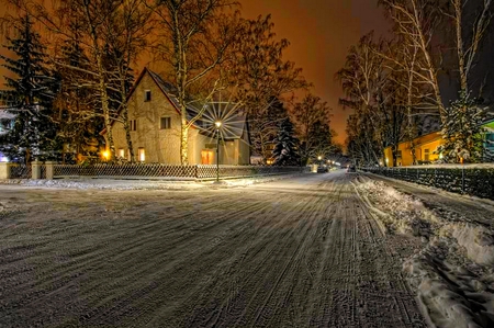 SNOWY NIGHT - house, trees, winter, road, snow, ice, lamppost, lights, pine