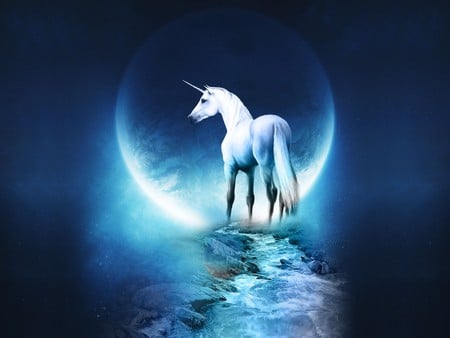 unicorn - animals, water, stream, fantasy, creek, white, full, planet, moon, stars, night, deep, shade, blue white, abstract, horse, 3d, blue, beautiful, animal, unicorn, lights