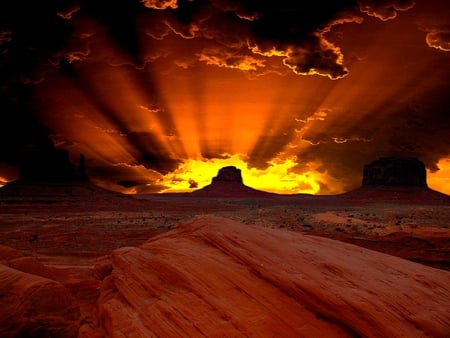 DESERT GLOW - sunbeams, rising, sun, clouds, golden, desert, shine