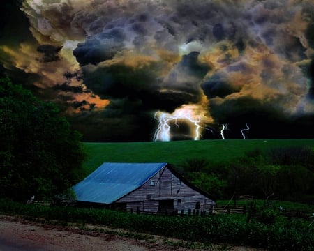 STORMY NIGHT - hut, fence, trees, road, plants, storm, blue roof, clouds, green, lightning, house