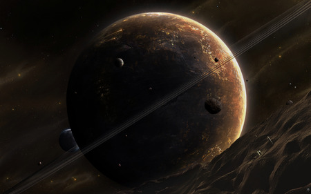 Little_Outpost - outpost, space, planets, meteoroids, brown, rings, little, asteroids