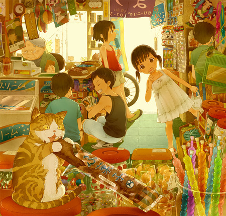 candy store - neko, cat, kids, fantasy, cookies, candy, arts, abstract, children, cute, candies