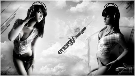 Girl - sexy, girl, headphones, black and white, energy, cute