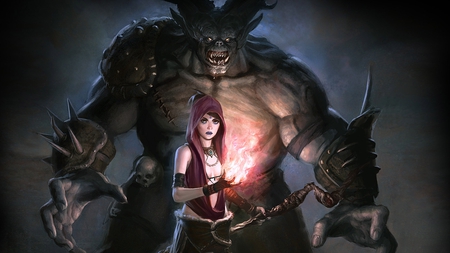 monster and girl - monster, magic, origins, fire, girl, dragon age, light, skull