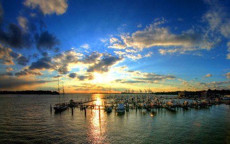 Sunset Seaside - boats, skies, sunset, docks, blue, sunrise, ocean, sky