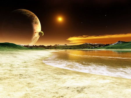 Worlds meet - greenery, moon, trees, hills, beach, beautiful, sand, planets, sunset, waves, mountains, sun, sky