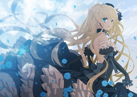 independent blue - pretty, blue rose, beautiful, dress, girl, cute, gothic, lolita