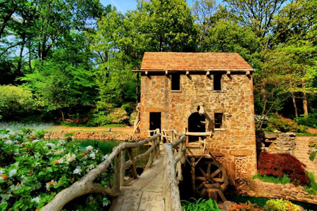 Springtime At The Old Mill - flowers, trees, mill, old, walkway, bridge, stone mill