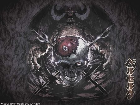 berserk - skull, creepy, guts, wings, evil, illustration, comic, cool, dark, black swordman, demon