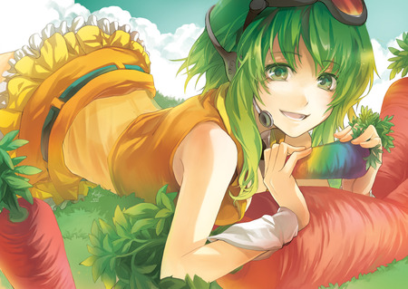 Gumi - anime, vocaloid, girl, green eyes, green hair, short hair, gumi, carrots, cute, sexy