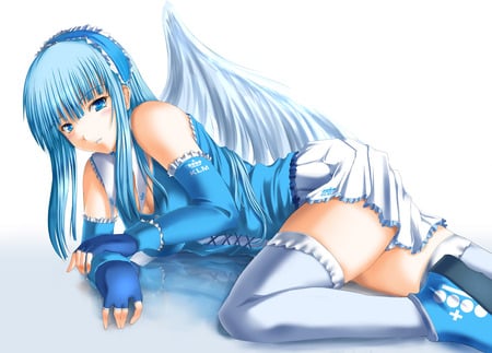 Blue Angel - anime, girl, blush, angel, long hair, blue hair, wings, cute, sexy, blue eyes