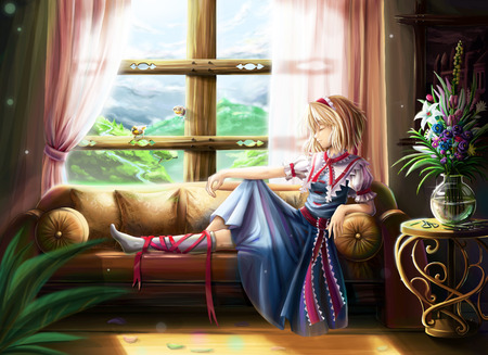 Alice Margatroid - bird, anime, sofa, blue, girl, blonde hair, petals, flowers, short hair, touhou, cute, alice, sexy, ribbons, alice margatroid