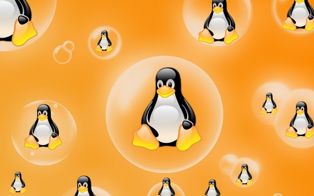 Cute Flying Penguins - bird, fly, bubbles, cute, orange, penguin