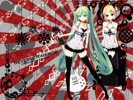 Miku & Rin - girls, hatsune miku, sexy, guitar, kagamine rin, twintails, blue eyes, long hair, blue hair, blonde hair, vocaloid, anime, cute, short hair