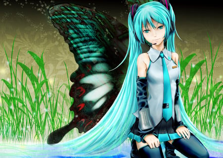 Hatsune Miku - hatsune miku, sexy, girl, twintails, blue eyes, long hair, wings, blue hair, butterfly, vocaloid, headphones, anime, cute