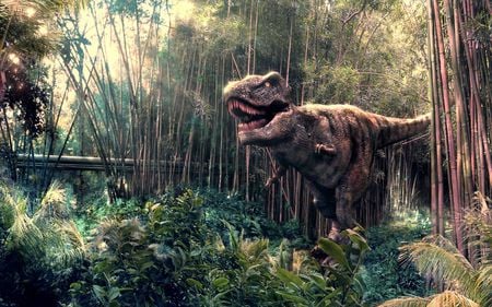 Tyrannosaurus rex - t-rex, tyrannosaurus, t-rexes, waterfalls, rex, carnivore, forest, dinosaur, jungle, bamboo, dinos