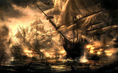 battle ships - ship, battle, light, ships, water, fire