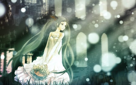 star-shine - ribbions, white dress, flowers, cute, miku hatsune