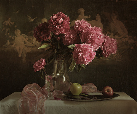 Pink scents - platter, women, glass, water, wallpaper, scarf, still life, apples, bird, cherubs, vase, painting, peonies, baby, table, flowers