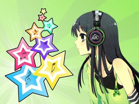 k-On! - music, colorful, headphone, green, girl, mio akiyama, stars