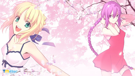 Fate Saber & Rider - pretty, sakura, blossom, cherry, beautiful, petals, pink, widescreen, girls, hd, cute, stay night