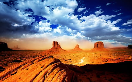 The Hard Way  - desert, hard, blue, road, orange, mountain, sunset, land, cloud, sky, way