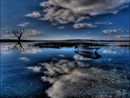 BLUE MIRROR - reflections, clouds, water, scenery, blue, boat