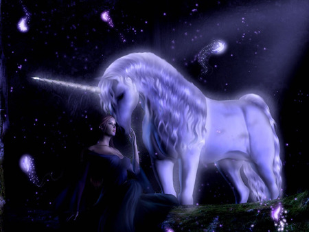 Purple Unicorn - sky, purple, stars, forest, female, night, fantasy, unicorn