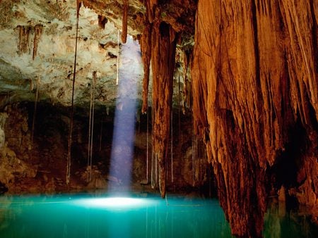 Cenote Dzintup, Mexico - mexico, large underground cave, yucatan, falls, light, water, park, sun rays, cenote, nature, dzintup, canyon, beam, holy spring, cave, rock