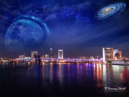 A Dreamy World - sci fi, sky, planets, space, art, abstract, city, sea, earth