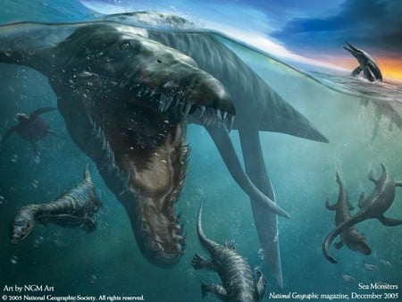 Sea Monsters - monsters, art, abstract, dinosaurs, sea monsters, sea, fantasy