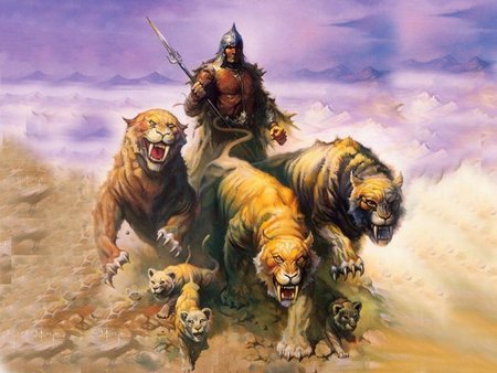 The Tiger King - abstract, fantasy, kings, paintings, tigers, art, warriors, animals