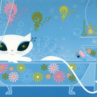 Sensual white French kitty in bathtub, blue background