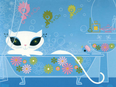 Sensual white French kitty in bathtub, blue background - french kitty, cat, kitty