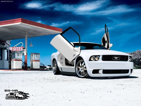 Mustang - white, car, mustang, gas station, ford