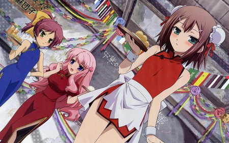 Baka to Test to Shokanju - waitress, party, chinese dress, mizuki himeji, widescreen, shimada minami, hinoshita hideyoshi