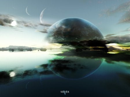 Terragen Silver - water, planets, ocean, cg, sky, fantasy, clouds, moon, 3d, sea