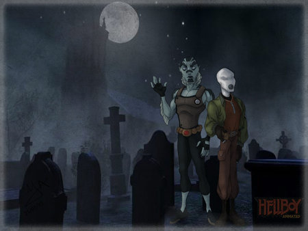 Johann and Abe:Hellboy - monster, animation, hellboy, graveyard, dark, night, cemetary, creature, headstone, moon, beast, tv series