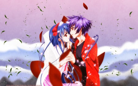 Touka Gettan - anime, touka gettan, girl, petals, red eyes, short hair, boy, blue hair, cute, ribbon, kamiazuma touka, kawakabe momoka, couple, purple hair, sexy, sky