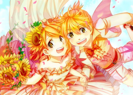 Len & Rin - sexy, brothers, girl, kagamine rin, blue eyes, blonde hair, boy, vocaloid, petals, anime, flowers, kagamine len, cute, short hair