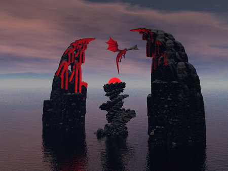 Pilgrimage - ocean, 3d, red, magic, dragon, sea, fantasy, cg