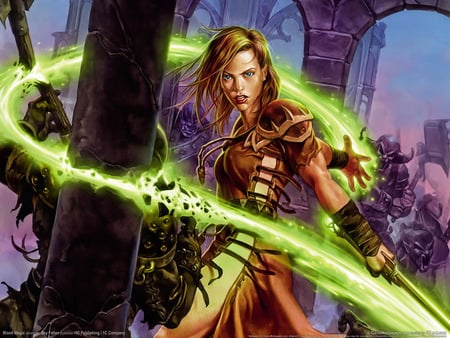 Woman with green blood magic - woman, magic, castle, green, blood, fantasy