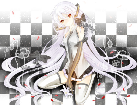 Miku Hatsune in white by Request - black, checkerboards, flowers, vocaloid, fan art, tiles, white, laces, lolita